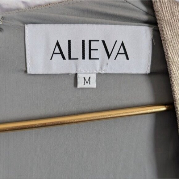 Alieva Narin Draped Midi Dress M Gold Metallic Ponte Stretch Shimmer Cocktail - Picture 7 of 8